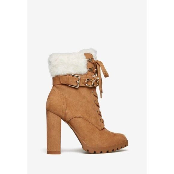 NIB Tan Faux Suede Faux Fur Block Heel Booties - Picture 5 of 7